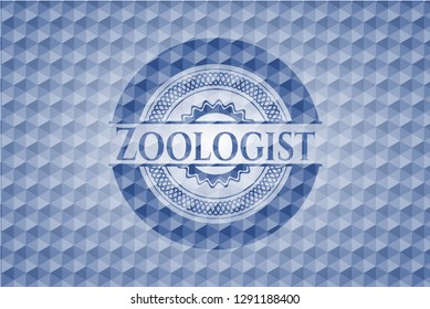 Zoologist blue badge with geometric background.