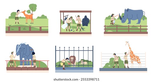 Zoologist characters. Zoologists working with animals, zoo workers feeding, cleaning, washing lion elephant giraffe. Natura researches, recent vector scenes