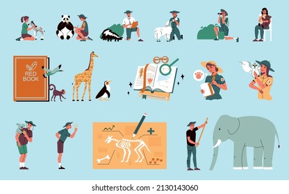 Zoologist color icons set of animals listed in red book and male and female characters in camouflage uniform isolated vector illustration