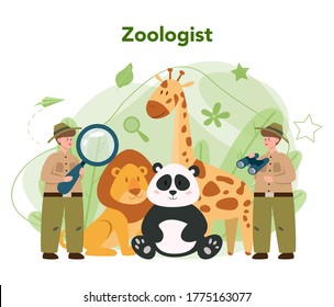 Zoologist concept. Scientist exploring and studying fauna. Wild animal rotection, expedition to wild nature. Isolated vector illustration