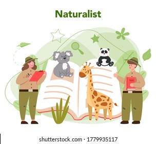 Zoologist concept. Scientist exploring and studying fauna. Wild animal rotection, expedition to wild nature. Isolated vector illustration