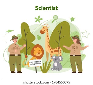 Zoologist concept. Scientist exploring and studying fauna. Wild animal rotection, expedition to wild nature. Isolated vector illustration