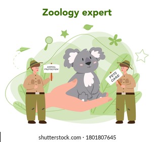 Zoologist concept. Scientist exploring and studying fauna. Wild animal rotection, expedition to wild nature. Isolated vector illustration