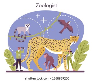 Zoologist concept. Scientist exploring and studying fauna. Wild animal studying and protection, naturalist going on expedition to wild nature. Isolated vector illustration