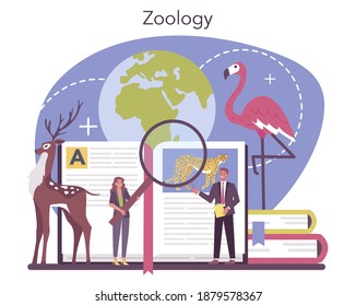 Zoologist concept. Scientist exploring and studying fauna. Wild animal studying and protection, naturalist going on expedition to wild nature. Isolated vector illustration