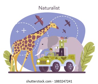 Zoologist concept. Scientist exploring and studying fauna. Wild animal studying and protection, naturalist going on expedition to wild nature. Isolated vector illustration