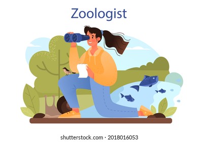 Zoologist concept. Scientist exploring and studying fauna. Wild animal studying and protection, naturalist going on expedition to wild nature. Isolated vector illustration