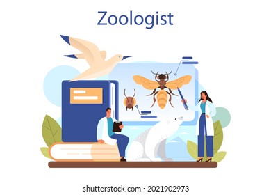 Zoologist concept. Scientist exploring and studying fauna. Wild animal studying and protection, naturalist going on expedition to wild nature. Isolated vector illustration