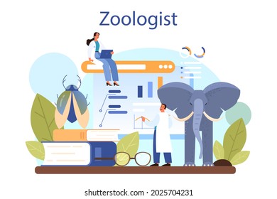 Zoologist concept. Scientist exploring and studying fauna. Wild animal studying and protection, naturalist going on expedition to wild nature. Isolated vector illustration