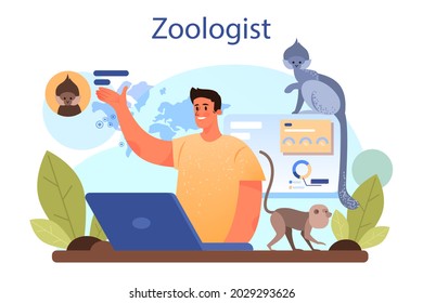 Zoologist concept. Scientist exploring and studying fauna. Wild animal studying and protection, naturalist going on expedition to wild nature. Isolated vector illustration