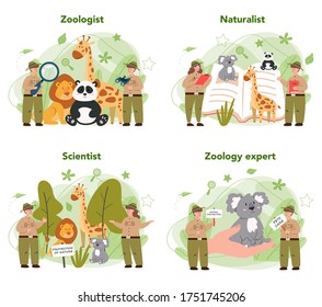 Zoologist concept set. Scientist exploring and studying fauna. Wild animal rotection, expedition to wild nature. Isolated vector illustration