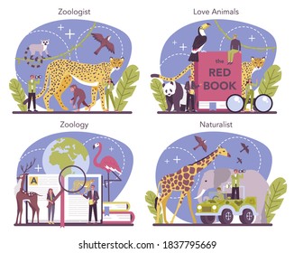 Zoologist concept set. Scientist exploring and studying fauna. Wild animal studying and protection, naturalist going on expedition to wild nature. Isolated vector illustration