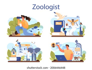 Zoologist concept set. Scientist exploring and studying fauna. Wild animal studying and protection, naturalist going on expedition to wild nature. Isolated vector illustration