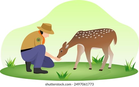 zoologist with deer animal vector illustration, animal scientist research wild animals for science, animal wildlife, and education concept design