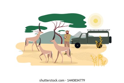 Zoologist Exploring African Fauna Illustration. Wilderness Area, Expedition to Africa. Safari, Road Trip, Active Tourism. Zoological Expedition, Male Explorer Photographing Animals Faceless Character