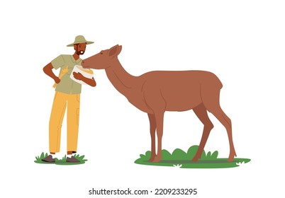 Zoologist Feeding Animal, Male Nature Explorer Character Exploring African Fauna Wilderness Area, Expedition To Africa. Safari, Trip, Active Tourism. Zoological Expedition. Cartoon Vector Illustration