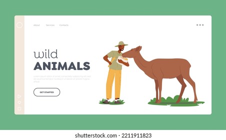 Zoologist Feeding Wild Animal Landing Page Template. Nature Explorer Character Exploring African Fauna, Expedition to Africa. Safari, Active Tourism, Zoological Expedition. Cartoon Vector Illustration