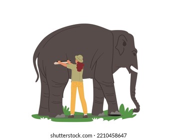 Zoologist Female Character Cleaning Elephant Skin With Brush. Naturalist Or Zookeeper Care And Studying Wild Animals Living In Wildlife Conditions. Cartoon People Vector Illustration