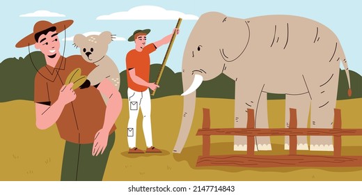 Zoologist flat composition with two male scientist characters exploring and studying elephant and little bear vector illustration