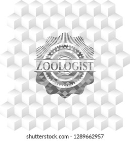 Zoologist grey badge with geometric cube white background