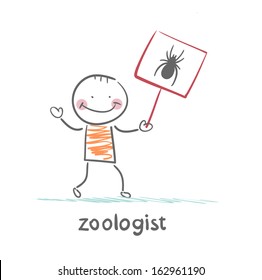 zoologist holds a placard with a spider