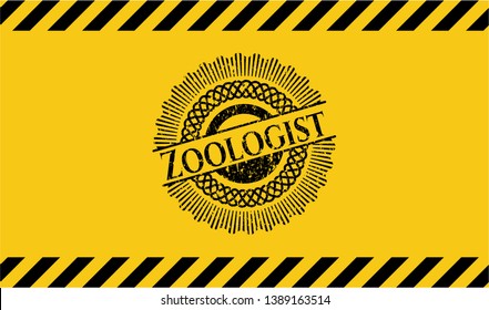 Zoologist inside warning sign, black grunge emblem. Vector Illustration. Detailed.