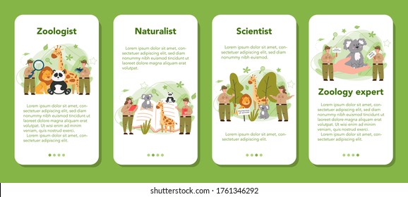 Zoologist mobile application banner set. Scientist exploring and studying fauna. Wild animal rotection, expedition to wild nature. Isolated vector illustration