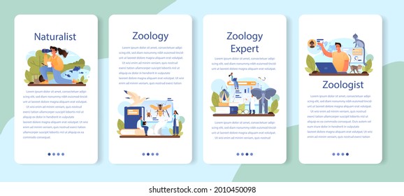 Zoologist mobile application banner set. Scientist exploring and studying fauna. Wild animal studying and protection, naturalist going on expedition to wild nature. Isolated vector illustration