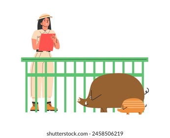 A zoologist observing a boar behind a fence. Vector illustration in a bright, flat style with an educational atmosphere.