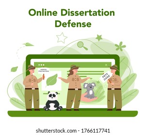 Zoologist online service or platform. Scientist exploring and studying fauna. Online dessertation defense. Isolated vector illustration