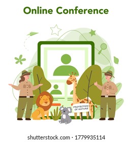 Zoologist online service or platform. Scientist exploring and studying fauna. Online conference. Isolated vector illustration