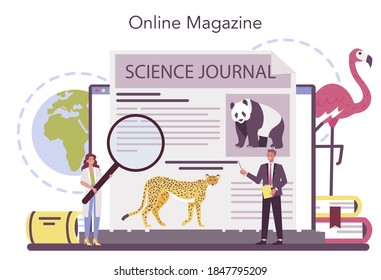 Zoologist online service or platform. Scientist exploring and studying fauna. Animal studying and protection. Online magazine. Isolated vector illustration