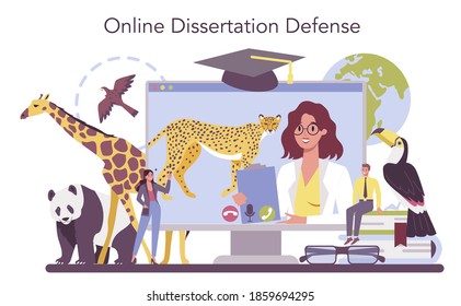 Zoologist online service or platform. Scientist exploring and studying fauna. Animal studying and protection. Online dessertation defense. Isolated vector illustration