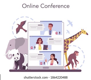 Zoologist online service or platform. Scientist exploring and studying fauna. Animal studying and protection. Online conference. Isolated vector illustration