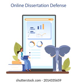 Zoologist online service or platform. Scientist exploring and studying fauna. Animal studying and protection. Online dissertation defense. Isolated vector illustration