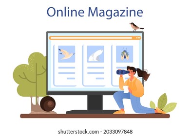 Zoologist online service or platform. Scientist exploring and studying fauna. Animal studying and protection. Online magazine. Isolated vector illustration