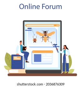 Zoologist online service or platform. Scientist exploring and studying fauna. Animal studying and protection. Online forum. Isolated vector illustration