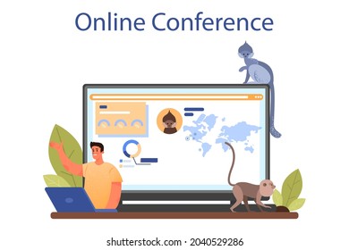 Zoologist online service or platform. Scientist exploring and studying fauna. Animal studying and protection. Online conference. Isolated vector illustration