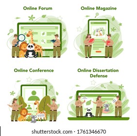 Zoologist online service or platform set. Scientist exploring and studying fauna. Online forum, magazine, dessertation defense and conference. Isolated vector illustration