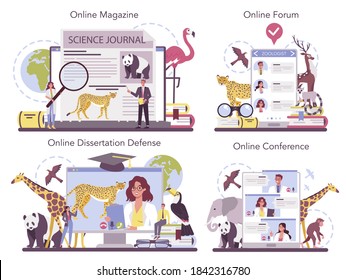 Zoologist online service or platform set. Scientist exploring and studying fauna. Animal studying and protection. Online forum, magazine, conference, dessertation defense. Isolated vector illustration