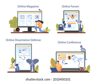 Zoologist online service or platform set. Scientist exploring and studying fauna. Animal studying and protection. Online forum, magazine, conference, dissertation defense. Isolated vector illustration