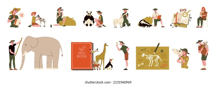 Zoologist set of isolated compositions with human characters of animal researchers with books and zoo animals vector illustration