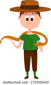 Zoologist with snake , illustration, vector on white background