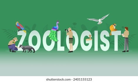 zoologist typograph, zoologist word concept vector illustration, animal scientist research wild animals for science