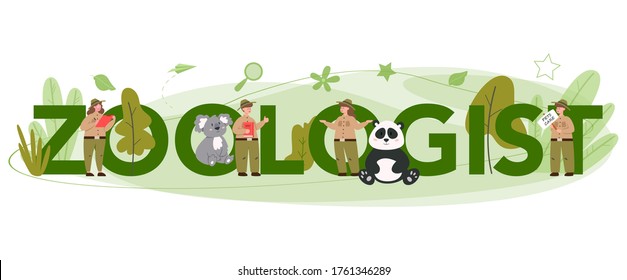 Zoologist typographic header concept. Scientist exploring and studying fauna. Wild animal rotection, expedition to wild nature. Isolated vector illustration