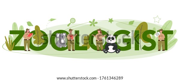 Zoologist typographic header concept.\
Scientist exploring and studying fauna. Wild animal rotection,\
expedition to wild nature. Isolated vector\
illustration