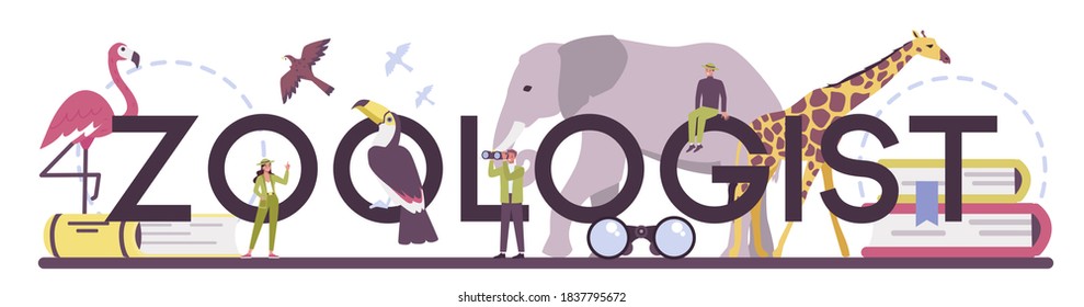 Zoologist typographic header. Scientist exploring and studying fauna. Wild animal studying and protection, naturalist going on expedition to wild nature. Isolated vector illustration