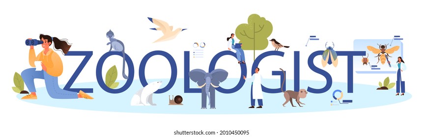 Zoologist typographic header. Scientist exploring and studying fauna. Wild animal studying and protection, naturalist going on expedition to wild nature. Isolated vector illustration