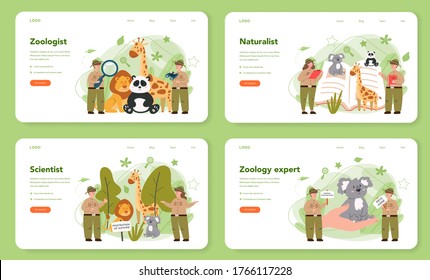 Zoologist web banner or landing page set. Scientist exploring and studying fauna. Wild animal rotection, expedition to wild nature. Isolated vector illustration