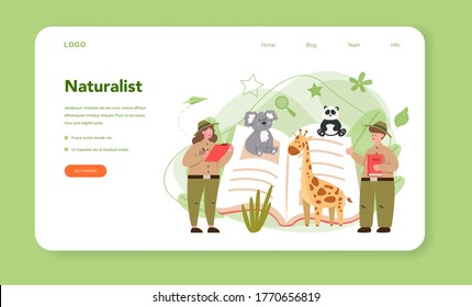 Zoologist web banner or landing page. Scientist exploring and studying fauna. Wild animal rotection, expedition to wild nature. Isolated vector illustration